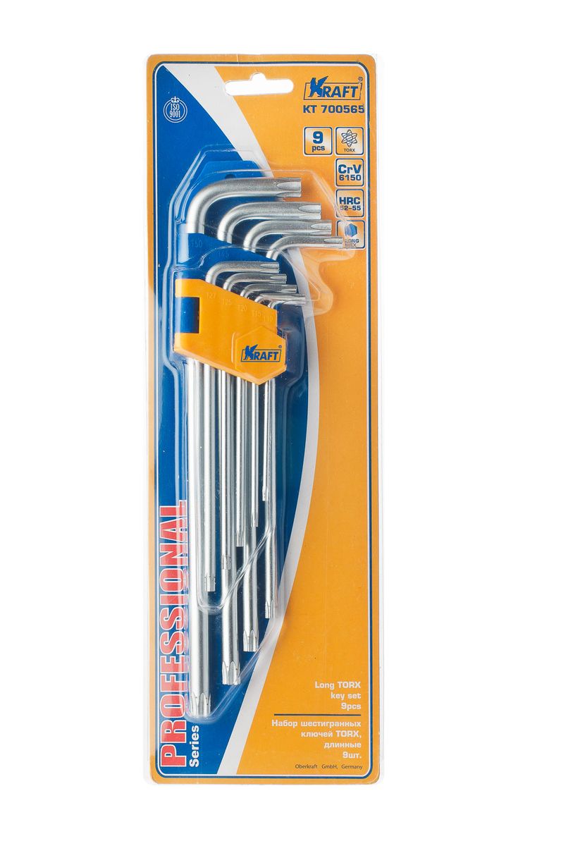 Набор ключей шестигранных Kraft Professional Torx, Т-10 - Т-50, 9 штКТ700 Набор ключей шестигранных Kraft Professional Torx, Т-10 - Т-50, 9 штКТ700Набор шестигранных удлиненных ключей Kraft Professional Torx предназначен для работы с крепежными элементами, имеющими внутренний шестигранник. Каждый ключ изготовлен из хромованадиевой стали и оснащен наконечником с рабочим профилем torx. В набор входят ключи: Т-10, Т-15, Т-20, Т-25, Т27, Т-30, Т-40, Т-45, Т-50.