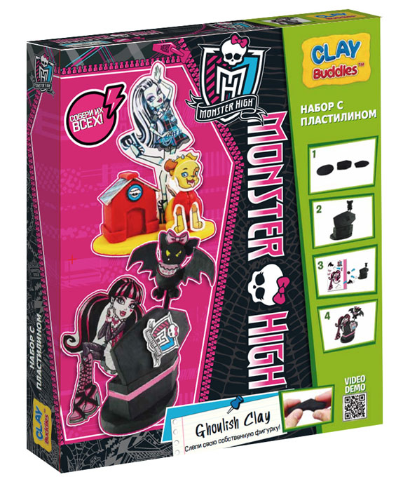Giromax Набор для лепки Monster High. Ghoulish ClayG 307618 Giromax Набор для лепки Monster High. Ghoulish ClayG 307618Набор для лепки Giromax Monster High. Ghoulish Clay представляет собой сочетание моделирования и игры. Набор включает в себя: 6 плиток пластилина (черный, желтый, красный), игровая фоновая сцена, 2 карточки с картонными деталями, 2 листа липучек, иллюстрированная книжка с инструкциями и заданиями. Входящая в набор пластилиновая масса разработана специально для детей, очень мягкая, приятно пахнет, ее не надо разминать перед лепкой. Пластилин быстро высыхает, не имеет запаха, не липнет к рукам и одежде, легко смывается. Используя пластилин и картонные формочки, малыш сможет самостоятельно вылепить фигурки любимых героев - Фрэнки Штейн и Дракулауры, а с помощью игровой фоновой сцены созданные игрушки оживут. Работа с пластилином развивает мелкую моторику пальцев малыша, пространственное воображение, фантазию.