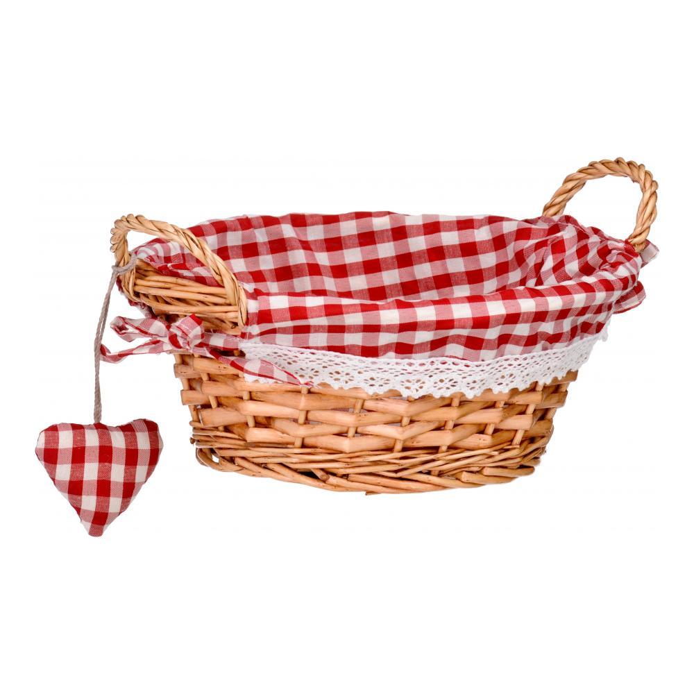 Корзинка для хлеба Premier, круглая, цвет: красный, 23 см х 23 см х 13 см1901052 Корзинка для хлеба Premier, круглая, цвет: красный, 23 см х 23 см х 13 см1901052Круглая корзинка для хлеба Premier сплетена из лозы. На внутреннюю поверхность корзинки надет хлопковый чехол с рисунком в красную клетку, благодаря ему крошки не просыпаются на стол. Корзинка оснащена двумя удобными ручками и украшена текстильной подвеской в виде сердечка. В холодный зимний день приятная цветовая гамма корзинки в сочетании с оригинальным дизайном навевают воспоминания о лете, тем самым способствуя улучшению настроения и полноценному отдыху. Материал: лоза, хлопок. Размер корзинки (с учетом ручек) (ДхШхВ): 23 см х 23 см х 13 см. Размер корзинки (без учета ручек) (ДхШхВ): 23 см х 13 см х 10 см.