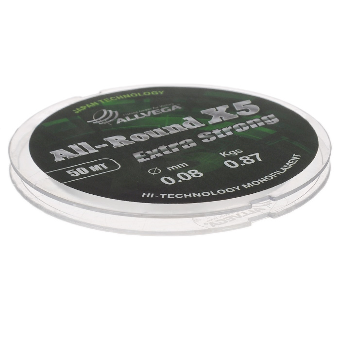 Леска Allvega All-Round X5, цвет: прозрачный, 50 м, 0,08 мм, 0,87 кг03/1/12 Леска Allvega All-Round X5, цвет: прозрачный, 50 м, 0,08 мм, 0,87 кг03/1/12Универсальная прозрачная леска Allvega All-Round X5, изготовленная из японского сырья. Обладает высокими разрывными и износостойкими характеристиками. Применяется в летних поплавочных оснастках. Зимой отлично подойдет для ловли на мормышку и для оснащения зимних поплавочных удочек.