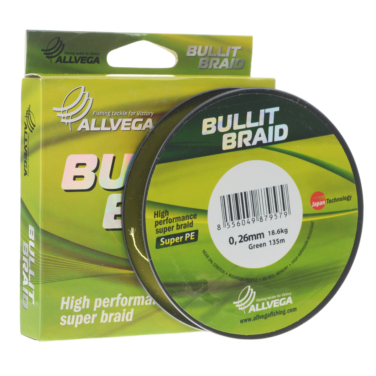 Леска плетеная Allvega Bullit Braid, цвет: ярко-желтый, 135 м, 0,26 мм, 18,6 кг10948 Леска плетеная Allvega Bullit Braid, цвет: ярко-желтый, 135 м, 0,26 мм, 18,6 кг10948Леска Allvega Bullit Braid разработана с учетом новейших японских технологий в сфере строения волокон. Благодаря микроволокнам полиэтилена (Super PE) леска имеет очень плотное плетение, не впитывает воду, имеет гладкую круглую поверхность и одинаковое сечение по всей длине. Особенности:- повышенная износостойкость;- высокая чувствительность - коэффициент растяжения близок к нулю;- отсутствует память;- идеально гладкая поверхность позволяет увеличить дальность забросов;- высокая прочность шнура на узлах.