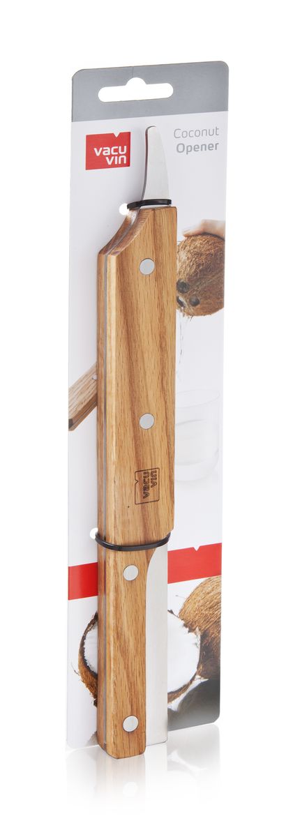 Устройство для открывания кокосов VacuVin Coconut Opener, длина 29 см4653560 Устройство для открывания кокосов VacuVin Coconut Opener, длина 29 см4653560Устройство VacuVin Coconut Opener изготовлено из дерева и металла и предназначено для открывания кокоса. Изделие очень легко использовать. Сначала нужно сделать прокол острием ножа в месте с тонкой кожурой на торце кокоса и слить в стакан кокосовое молоко. Затем просто несколько раз ударить этим ножом кокосовый орех, поворачивая его. Это позволит разделить кокос на две равные половины и добраться до его мякоти. Внесите немого экзотики в свой домашний быт с помощью этого отличного приспособления! Не рекомендуется мыть в посудомоечной машине. Длина устройства: 29 см.