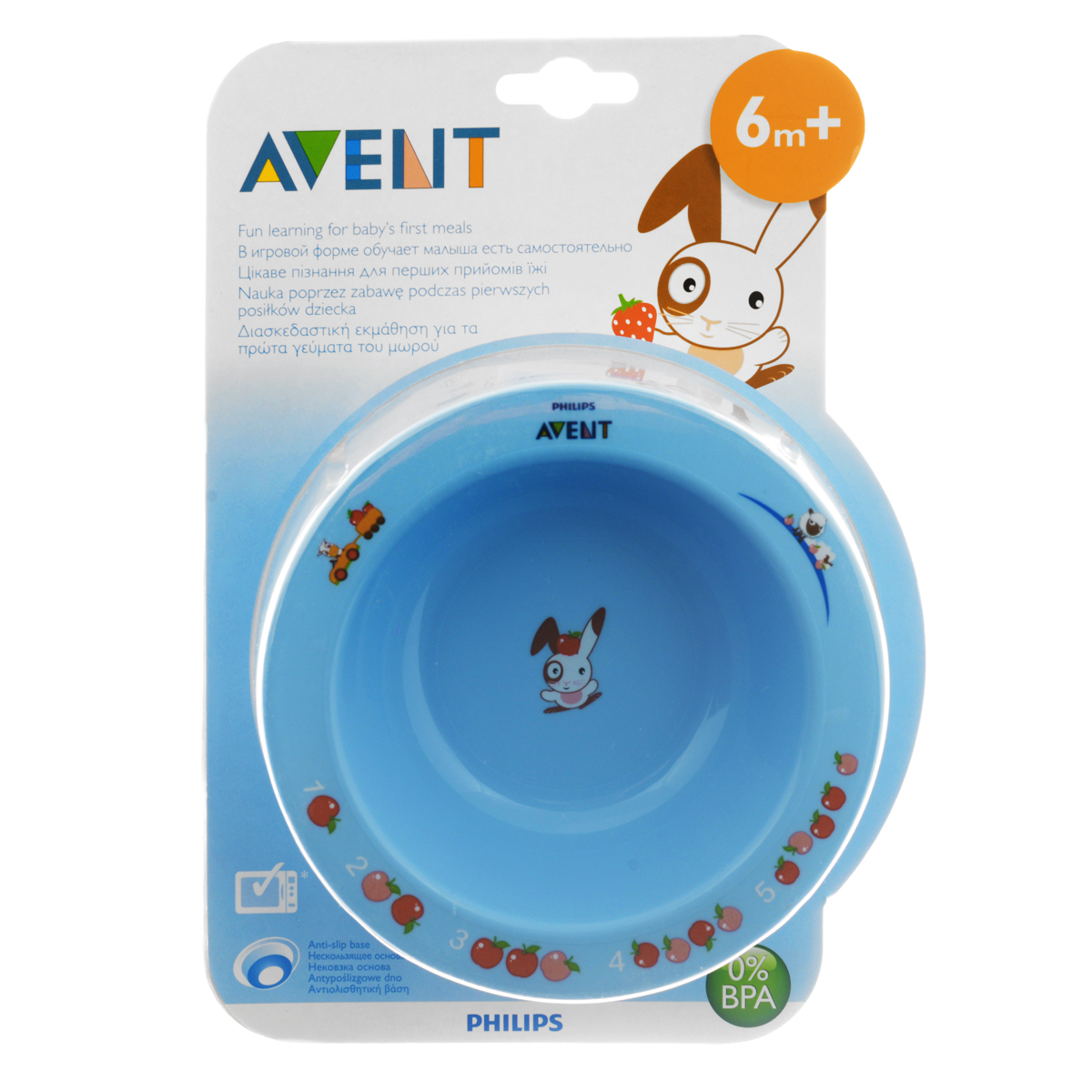 Глубокая тарелка Philips Avent, от 6 месяцев, цвет: голубой, 230 мл65636 Глубокая тарелка Philips Avent, от 6 месяцев, цвет: голубой, 230 мл65636Тарелка Philips Avent выполнена из яркого полипропилена и оформлена веселыми и красочными развивающими рисунками. Нескользящее основание предотвращает скольжение и переворачивание тарелки. Удобные широкие края идеальны для самостоятельного питания ребенка. Тарелку можно мыть в посудомоечной машине и разогревать в микроволновой печи.