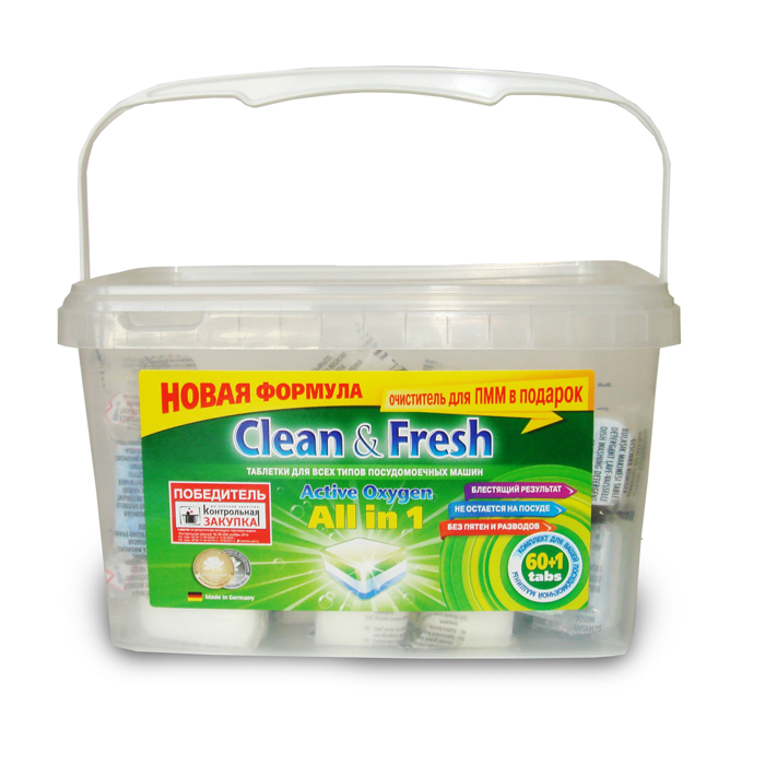 Таблетки для посудомоечных машин Clean & Fresh All in 1, с ароматом лимона, 60 шт16210 Таблетки для посудомоечных машин Clean & Fresh All in 1, с ароматом лимона, 60 шт16210Применение таблеток Clean & Fresh All in 1 облегчает использование посудомоечных машин. Дополнительные вещества, входящие в состав таблеток защищают машину от образования накипи на нагревательных элементах, способствуют лучшему результату при мытье посуды, существенно экономят ваше время. Удаляют даже самые сильные загрязнения. Таблетки Clean & Fresh All in 1 имеют четыре цветных слоя: зеленый - для лимонного запаха и защиты стекла от коррозии, синие микро-жемчужины - для блестящей посуды и сияющего стекла, белый - для защиты посудомоечной машины от образования накипи и наслоений извести, синий - сила очистки с активным кислородом. Достаточно поместить одну таблетку в дозатор посудомоечной машины и посуда приобретает идеальную чистоту и свежесть, без разводов и известковых пятен. Вес одной таблетки: 20 г. Количество таблеток в упаковке: 60 шт. Состав таблеток: триполифосфат натрия - более 30%; карбонат натрия,...