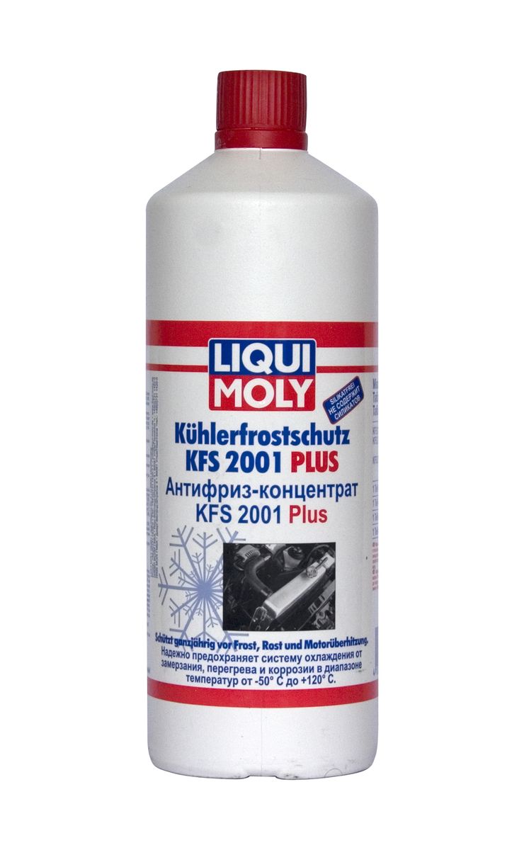 Антифриз-концентрат Liqui Moly KFS 2001 Plus, 1 л8840 Антифриз-концентрат Liqui Moly KFS 2001 Plus, 1 л8840Антифриз-концентрат Liqui Moly KFS 2001 Plus - высококачественный концентрат антифриза для систем охлаждения современных двигателей, особенно с алюминиевыми деталями. - Не содержит аминов, нитритов, фосфатов и силикатов. - Обеспечивает непревзойденную защиту от коррозии, обладает отличными моющими и смазывающими свойствами. - Предназначен для максимальных интервалов замены. Интервалы замены предписываются производителем автомобиля. - Обеспечивает максимально широкие температурные интервалы применения, в зависимости от степени разведения (см. таблицу на банке). - Окрашен в красный цвет. - Смешивается и совместим со стандартными антифризами G12, (окрашенными, как правило, в красный цвет), а также со стандартными антифризами G11 (содержащими силикаты и соответствующие допуску VW TL 774-C, окрашенными, как правило, в синий цвет), как например, Ликви Моли Антифриз KFS 2000. Состав: моноэтиленгликоль, ингибитор коррозии, вода, краситель. ...