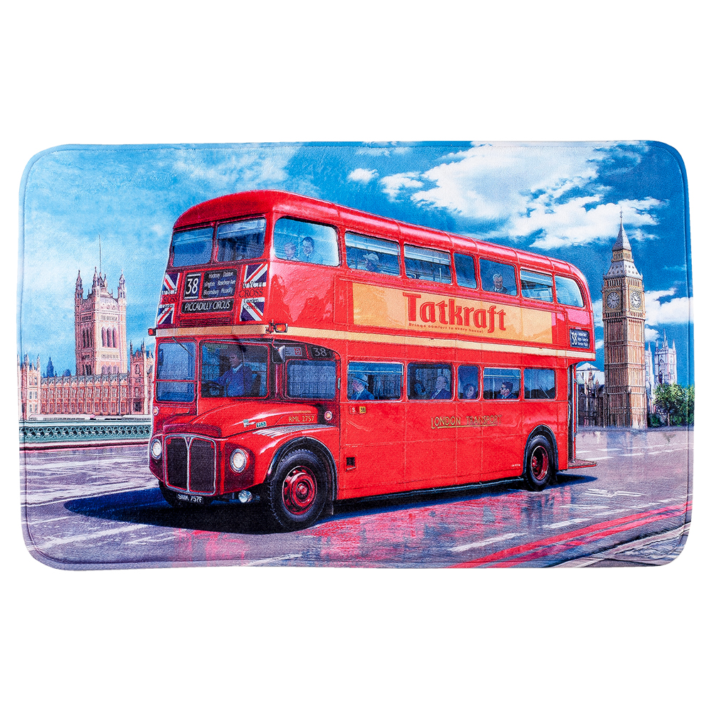 Коврик для ванной комнаты Tatkraft London Bus, 50 см х 80 см391602 Коврик для ванной комнаты Tatkraft London Bus, 50 см х 80 см391602Коврик для ванной комнаты Tatkraft London Bus изготовлен из микрофибры - мягкого приятного на ощупь материала. Коврик отлично поглощает и впитывает влагу. Основание противоскользящее. Яркий красочный рисунок в виде двухэтажного красного автобуса внесет оригинальную нотку в интерьер ванной комнаты. Коврики Tatkraft - прекрасное решение для ванной комнаты.