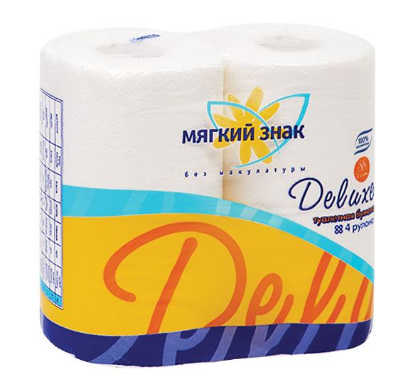 Туалетная бумага Мягкий знак Deluxe, двухслойная, цвет: белый, 4 рулонаC41 Туалетная бумага Мягкий знак Deluxe, двухслойная, цвет: белый, 4 рулонаC41Двухслойная туалетная бумага Мягкий знак Deluxe, выполненная из натуральной целлюлозы, обеспечивает превосходный комфорт и ощущение чистоты и свежести. Она отличается необыкновенной мягкостью и прочностью. Бумага хорошо перфорирована, не расслаивается и отрывается строго по просечке. Количество листов: 175 шт. Количество слоев: 2. Размер листа: 12,5 см х 9,6 см. Состав: 100% целлюлоза.