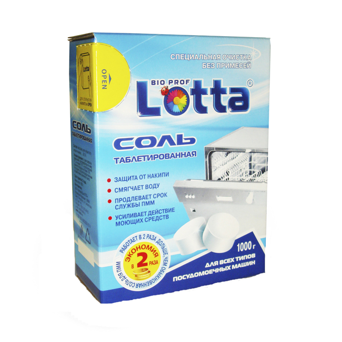 Соль таблетированная для посудомоечных машин Lotta, 1000 г16218 Соль таблетированная для посудомоечных машин Lotta, 1000 г16218Отложения извести могут негативно отразиться на работе посудомоечной машины. Соль применяется для регенерации ионообменных смол и предупреждения образования накипи в посудомоечных машинах. Таблетированная соль Lotta обеспечивает высокую эффективность умягчения воды в посудомоечной машине и более чем в два раза экономичнее обычной гранулировано соли при использовании. Соль продлевает срок службы посудомоечной машины. Благодаря своей формуле и твердости, соль обеспечивает высокую эффективность и экономичный расход средств в процессе смягчения воды и придания блеска чистой посуде. Подходит для всех типов посудомоечных машин. Состав: массовая доля хлористого натрия не менее 99,7%. Товар сертифицирован.