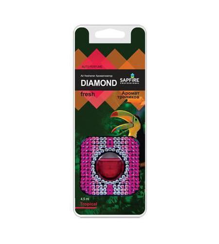 Ароматизатор в дефлектор Sapfire Diamond Fresh, тропик07763-SAA Ароматизатор в дефлектор Sapfire Diamond Fresh, тропик07763-SAAАвтомобильный освежитель воздуха Sapfire Diamond Fresh имеет приятный аромат тропиков. Ароматизатор, изготовленный с использованием современной мембранной технологии, - это безопасно, удобно и гарантирует длительную работу, без риска пролить жидкое содержимое. Корпус ароматизатора квадратной формы, выполнен из пластика и украшен цветными стразами. Крепится ароматизатор на дефлектор в автомобиле. Состав: парфюмерная композиция, гель, пластик, алюминиевая фольга. Размер ароматизатора: 5,5 см х 5,5 см х 1 см.