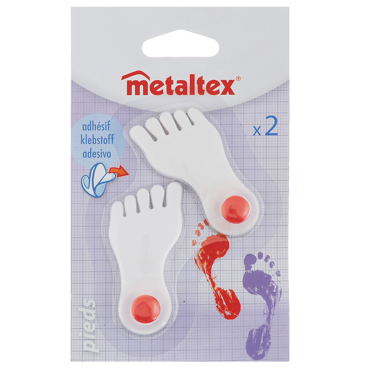Набор крючков Metaltex Pieds, 2 шт29.40.01 Набор крючков Metaltex Pieds, 2 шт29.40.01Набор настенных крючков Metaltex Pieds изготовлен из прочного пластика в виде левой и правой ножки. Они прекрасно подойдут для вашей ванной комнаты или кухни и не займут много места, надежно выдержав все, что вы на них повесите. Крючки могут крепится на стену с помощью липкой ленты которая находится на задней стороне крючка. Размер крючка: 3 см х 1,5 см х 6,5 см. Комплектация: 2 шт.