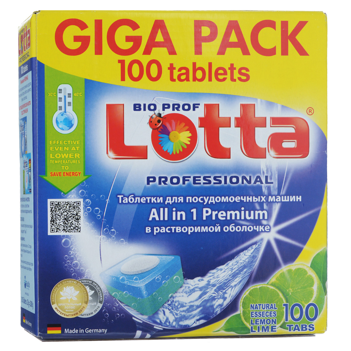 Таблетки для посудомоечных машин Lotta All in 1 Premium, c ароматом лимона, 100 шт16216 Таблетки для посудомоечных машин Lotta All in 1 Premium, c ароматом лимона, 100 шт16216Применение таблеток Lotta All in 1 Premium облегчает использование посудомоечных машин. Содержание активного кислорода и специального энзимного комплекса эффективно удаляет стойкие загрязнения, жирные пятна и предотвращает появления накипи. Специальные добавки смягчают воду. Таблетки придают идеальный блеск и чистоту посуде, защищают хрусталь и стекло от потускнения. Эффективны даже при низкой температуре. Достаточно поместить одну таблетку в дозатор посудомоечной машины и посуда приобретает идеальную чистоту и свежесть, без разводов и пятен. Вес одной таблетки: 20 г. Количество таблеток в упаковке: 100 шт. Состав: средство для мытья, ополаскиватель, соль, кислородосодержащий отбеливатель, средство от коррозии, энзимы, ароматизатор лимон, растворимая оболочка. Товар сертифицирован.