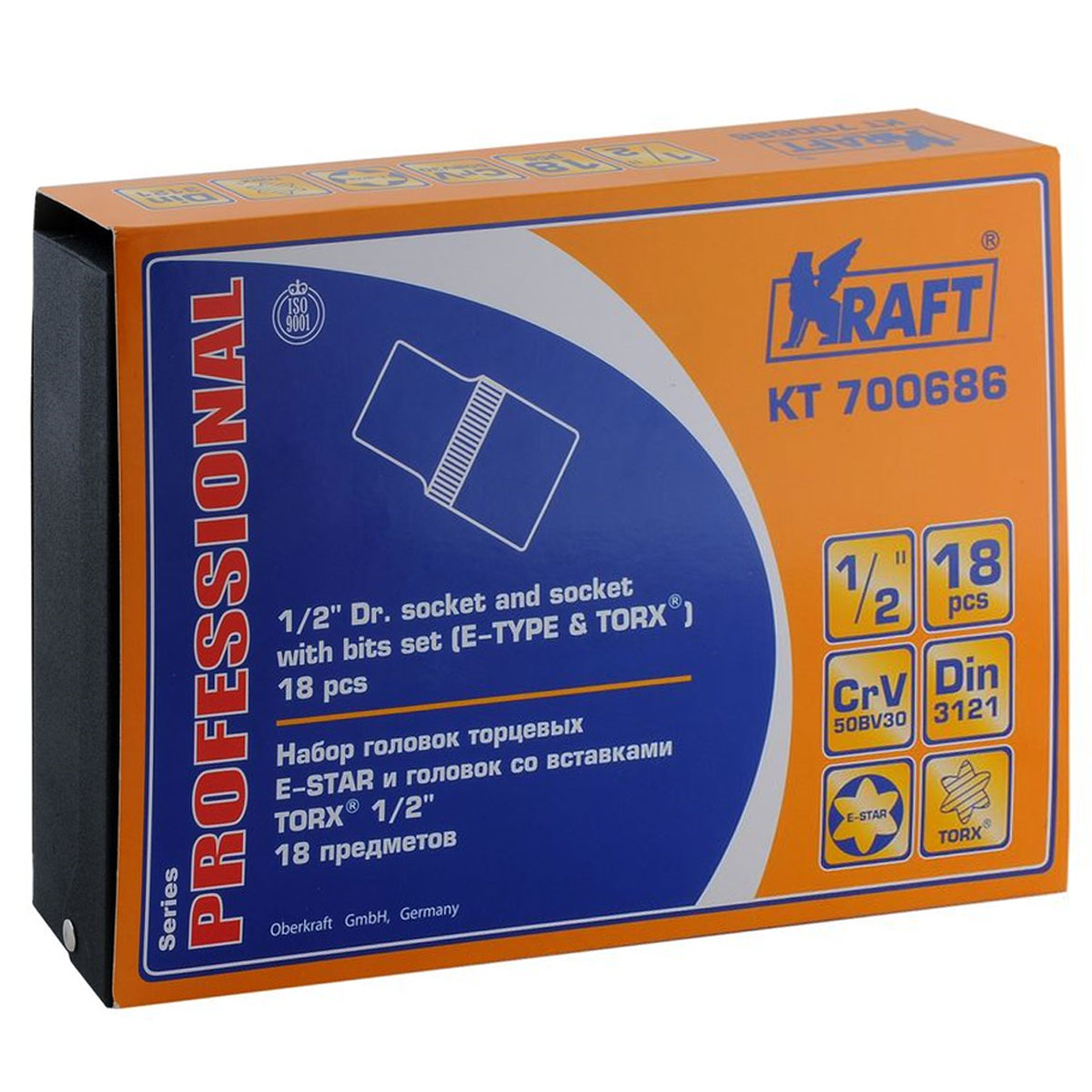 Набор торцевых головок Kraft Professional Е-star, со вставками Torx, 1/2, 18 предметовКТ700686 Набор торцевых головок Kraft Professional Е-star, со вставками Torx, 1/2, 18 предметовКТ700686В набор Kraft Professional входят торцевые головки с внутренним рабочим профилем Е-star, и внешним рабочим профилем Torx. Место для присоединительного квадрата 1/2. Состав набора: шестигранные торцевые головки E-Star 1/2: E10, E11, E12, E14, E16, E18, Е20, Е22, Е24; шестигранные торцевые головки Torx 1/2: Т20, T25, T30, T40, T45, T50, Т55, Т60, Т70. Торцевые головки Kraft Professional изготовлены из хромованадиевой стали марки 50BV30 со специальным трехслойным покрытием, обеспечивающим долговременную защиту от механических повреждений.