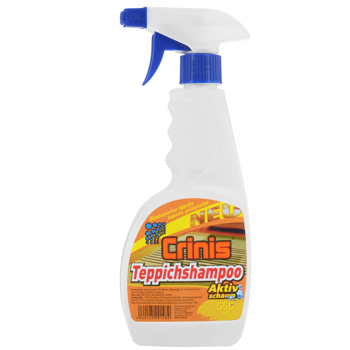 Средство для чистки ковров Crinis Teppichshampoo, 550 мл790009 Средство для чистки ковров Crinis Teppichshampoo, 550 мл790009Средство для чистки ковров вручную Crinis Teppichshampoo хорошо очищает, удаляет пятна, нейтрализует запах. Подходит для ковров, ковролина, обивки и т.д. Продукт защищает напольные покрытия от новых загрязнений, оживляет цвета. Состав: анионные ПАВ менее 5%, неионные ПАВ менее 5%, фосфаты менее 5%, ЭДТА менее 5%, поликарбоксилаты менее 5%, корсерванта (Methylchloroisothiazolinone, Methylisothiazolinone), аромат. Товар сертифицирован.