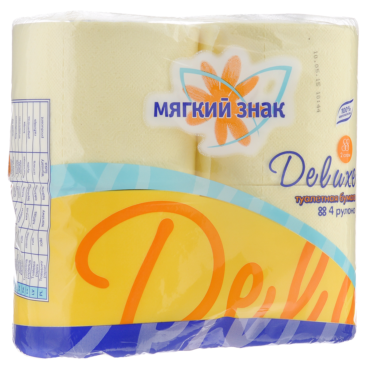 Туалетная бумага Мягкий знак Deluxe, двухслойная, цвет: желтый, 4 рулонаC44 Туалетная бумага Мягкий знак Deluxe, двухслойная, цвет: желтый, 4 рулонаC44Туалетная бумага Мягкий знак Deluxe, выполненная из натуральной целлюлозы, обеспечивает превосходный комфорт и ощущение чистоты и свежести. Необыкновенно мягкая, но в тоже время прочная, бумага не расслаивается и отрывается строго по линии перфорации. Двухслойные листы имеют рисунок с перфорацией. Количество листов: 185 шт. Количество слоев: 2. Размер листа: 12,5 см х 9,6 см. Состав: 100% целлюлоза.