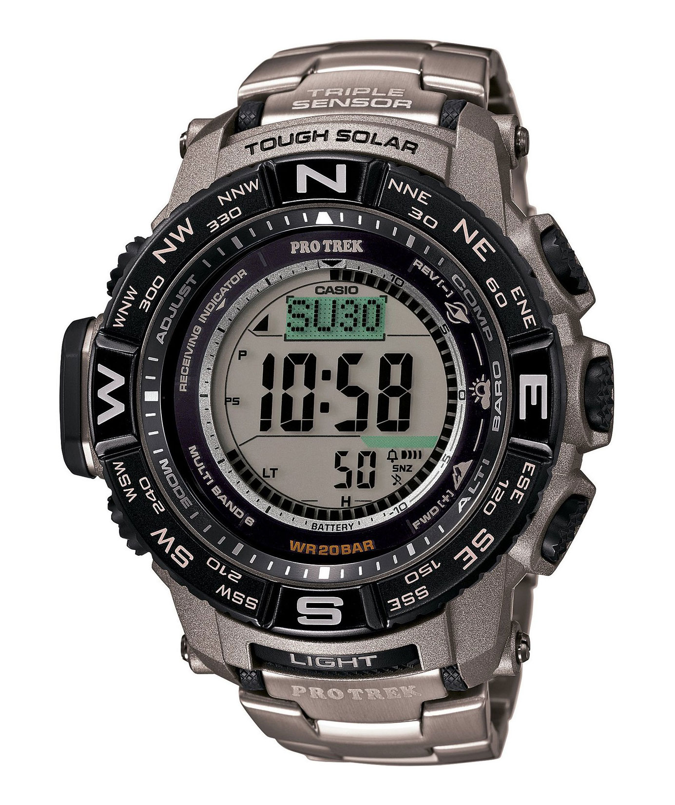 Часы мужские наручные Casio PRO TREK, цвет: титановый, черный. PRW-3500T-7EINT-06501 Часы мужские наручные Casio PRO TREK, цвет: титановый, черный. PRW-3500T-7EINT-06501Стильные мужские часы Casio PRO TREK выполнены из нержавеющей стали, полимерных материалов и минерального стекла. Изделие дополнено подсветкой высокой яркости, корпус часов оформлен символикой бренда. В часах предусмотрен цифровой отсчет времени.Часы оснащены функцией мирового времени, которая позволяет мгновенно выяснять текущее время. Часы могут быть настроены на подачу тонального или светового сигнала при наступлении выставленного времени. Функция таймера позволит обеспечить обратный отсчет времени, начиная с выставленного и подачу тонального или светового сигнала, когда отсчет доходит до нуля. Функция секундомера позволит замерять прошедшее время в пределах тысячи часовс точностью 1/100 секунды, предусмотрен будильник, термометр, цифровой компас, альтиметр, барометр. Степень влагозащиты 20 atm. Изделие дополнено браслетом из стали. Браслет застегивается на замок-клипсу, который позволит максимально комфортно и быстро снимать и одевать часы.Часы поставляются в фирменной упаковке.Многофункциональные часы Casio PRO TREK подчеркнут мужской характер и отменное чувство стиля у их обладателя.
