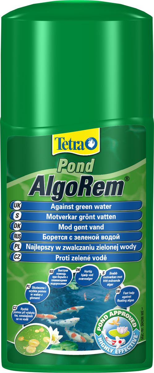 Средство от цветения воды из-за водорослей Tetra Pond AlgoRem, 250 мл0120710 Средство от цветения воды из-за водорослей Tetra Pond AlgoRem, 250 мл0120710Средство Tetra Pond AlgoRem предназначено для борьбы с цветением воды. Специальный состав позволяет собирать планктонные водоросли в комки, способствуя их быстрому удалению из водоема, и очищать воду, не оказывая отрицательного влияния на природный биологический баланс водоема. Удаляя из воды фосфаты, препарат предотвращает рост водорослей. Tetra Pond AlgoRem не содержит ядовитых веществ, свободен от альгицидов и гербицидов, сохраняет свое действие в течение нескольких часов. При правильном использовании препарат Tetra Pond AlgoRem безопасен для рыб и водных растений. Применение и дозировка: 5 мл на 100 литров воды, через 4 недели внести дополнительно половинную дозу препарата.Товар сертифицирован.