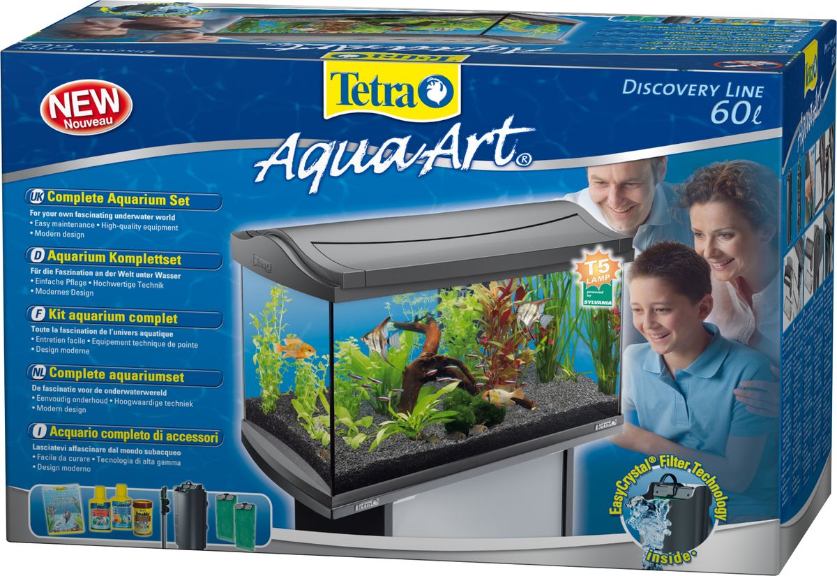 Аквариумный комплекс Tetra AquaArt, цвет: серый, 60 л0120710 Аквариумный комплекс Tetra AquaArt, цвет: серый, 60 л0120710Аквариумный комплекс Tetra AquaArt сочетает в себе совершенный дизайн, высококачественную технику и простоту в обслуживании. Прочное 5мм флоат-стекло, свободное от искажений и с обработанными краями. Стабильная крышка с люминисцентной Т5 лампой продолжительного использования 13Вт для превосходного освещения и яркости. Большое удобное отверстие облегчает процесс кормления и предусматривает легкий доступ к оборудованию. Инновационный фильтр Tetra EasyCrystal FilterBox c двумя запасными фильтровочными губками для кристально прозрачной, здоровой воды.Удобные держатели на рамке аквариума позволяют легко закрепить фильтр. Фильтр очень легко чистить; нужно лишь заменять картридж каждые 4 недели. Нет необходимости промывать фильтрующую губку, а значит, ваши руки останутся сухими! Высококачественный дизайн аквариума в модном цветовом решении, современное оборудование. Высокоточный терморегулятор Tetra HT 50. TetraMin- основной корм всех видов тропических рыб (100 мл) - здоровье, богатство красок и жизненная сила для ваших рыбок. Tetra AquaSafe (100 мл) - делает агрессивную водопроводную воду безопасной и пригодной для рыб. Tetra EasyBalance (100 мл) - снижает частоту замен аквариумной воды. Брошюра с полезными советами по обустройству аквариума. Протестирован TUV/GS, сертифицирован по CE и DIN 32622.Гарантия 3 года на места склеивания и верхнюю часть аквариума.Объем: 60 л. Размер аквариума: 61 см х 33,5 см х 42,7 см.