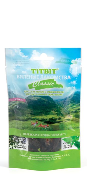 Лакомство для собак Titbit Classic, вяленая нарезка из говяжьего сердца, 50 г3916 Лакомство для собак Titbit Classic, вяленая нарезка из говяжьего сердца, 50 г3916Лакомство для собак Titbit Classic предназначено для здоровых собак всех пород и возрастов, ведущих активный образ жизни. Благодаря содержанию легкоусваиваемых белков и комплексу витаминов и микроэлементов лакомство восполняет дефицит протеина в организме животного. Фитокомплекс из тимьяна и крапивы повышает общий иммунитет собаки и способствует улучшению пищеварения. Состав: сердце говяжье, тимьян, крапива. Пищевая ценность: белки - 51 г, жиры - 13 г, зола - 4 г, влага - 20 г. Товар сертифицирован.