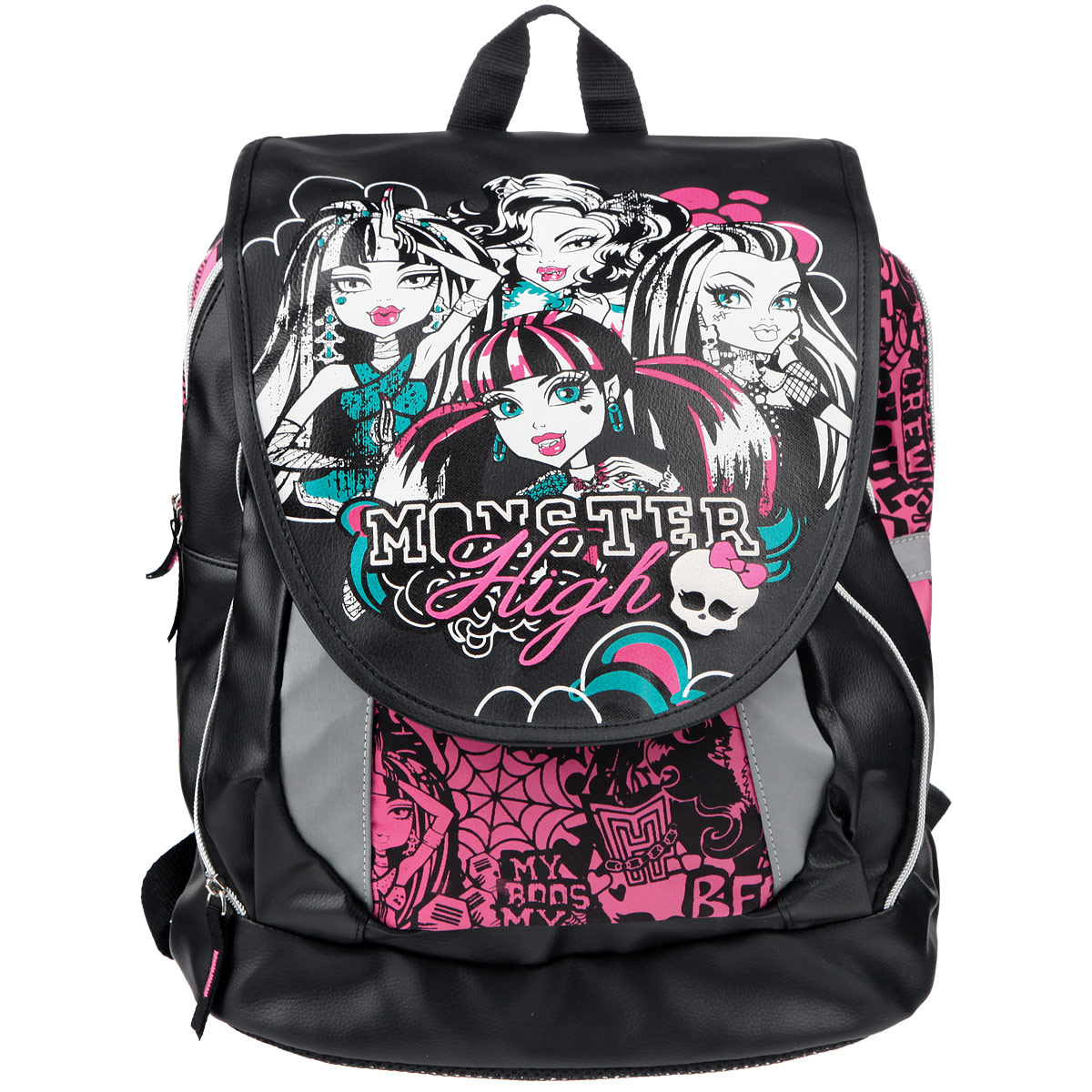 Рюкзак детский Monster High, цвет: черный, белый, розовый, бирюзовый. MHBB-RT3-588MHBB-RT3-588 Рюкзак детский Monster High, цвет: черный, белый, розовый, бирюзовый. MHBB-RT3-588MHBB-RT3-588Детский рюкзак Monster High с эргономической спинкой непременно понравится вашему ребенку. Спинка рюкзака мягкая с воздухообменным сетчатым материалом. Благодаря применяемым технологиям между стенкой рюкзака и спиной ребенка постоянно циркулирует воздух, позволяя спине дышать. Рюкзак оснащен крышкой на липучке, украшенной ярким принтом. Лямки рюкзака специальной S-образной формы с воздухообменным сетчатым материалом. Длина регулируется, и рюкзак растет вместе с ребенком. Рюкзак содержит два отделения. Основное, самое вместительное, имеет внутренний карман на молнии. Второе отделение не имеет дополнительных карманов. На фронтальной части располагается карман на молнии. Дно рюкзака мягкое, выполнено со вставкой из водонепроницаемого материала, что предохраняет содержимое от намокания, и оснащено ножками. Рюкзак оснащен светоотражающими элементами. В рюкзаке Monster High ваш ребенок с удовольствием будет носить свои вещи или любимые игрушки.