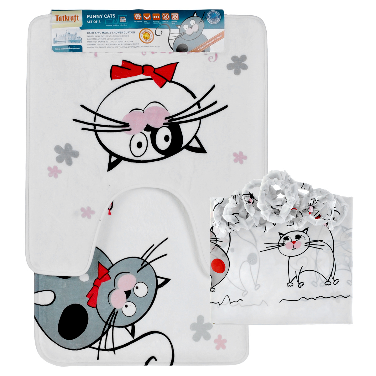 Набор для ванной комнаты Tatkraft Funny Cats, цвет: белый, 3 предмета18075 Набор для ванной комнаты Tatkraft Funny Cats, цвет: белый, 3 предмета18075Набор для ванной комнаты Tatkraft Funny Cats состоит из коврика для ванной, коврика для туалета и шторы для ванной. Коврики выполнены из микрофибры (100% полиэстера) со специальным противоскользящим основанием и украшены изображением веселых котов. За счет низкой гигроскопичности коврики не теряют своих свойств даже при высокой влажности. Они гипоаллергенны, гигиеничны, не подвержены воздействию микроорганизмов и плесени. Коврики идеально сочетаются со шторой для ванной комнаты, выполненной из полиэстера. Штора содержит утяжелитель для отвеса. В комплект входит 12 обшитых тканью колец, исключающих неприятный шум при использовании шторки. Набор для ванной комнаты Tatkraft Funny Cats подарит вам ощущение тепла и комфорта, а изысканный дизайн поможет привнести уют в вашу ванную комнату. Размер коврика для ванной: 50 см х 80 см. Размер коврика для туалета: 55 см х 60 см. Размер шторы: 180 см х 180 см.