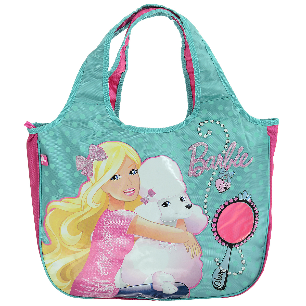 Сумка детская Barbie, цвет: бирюзовый, розовый. BRAS-UT-1445BRAS-UT-1445 Сумка детская Barbie, цвет: бирюзовый, розовый. BRAS-UT-1445BRAS-UT-1445Сумка детская Barbie, выполненная из плотного, водоотталкивающего полиэстера, оформлена изображением известной игрушки - куклы Барби с ее собачкой. Сумочка имеет одно большое вместительное отделение, закрывающееся на застежку-молнию, куда можно положить все необходимые принадлежности и аксессуары. На лицевой стороне сумки имеется небольшая прозрачная вставка в виде зеркала куклы. Внутри отделения расположен карман-кошелек на молнии. Сумочка оснащена двумя ручками для переноски, которые выполнены цельными с основой. Сумка Barbie - идеальный вариант аксессуара на время прогулки или путешествия.