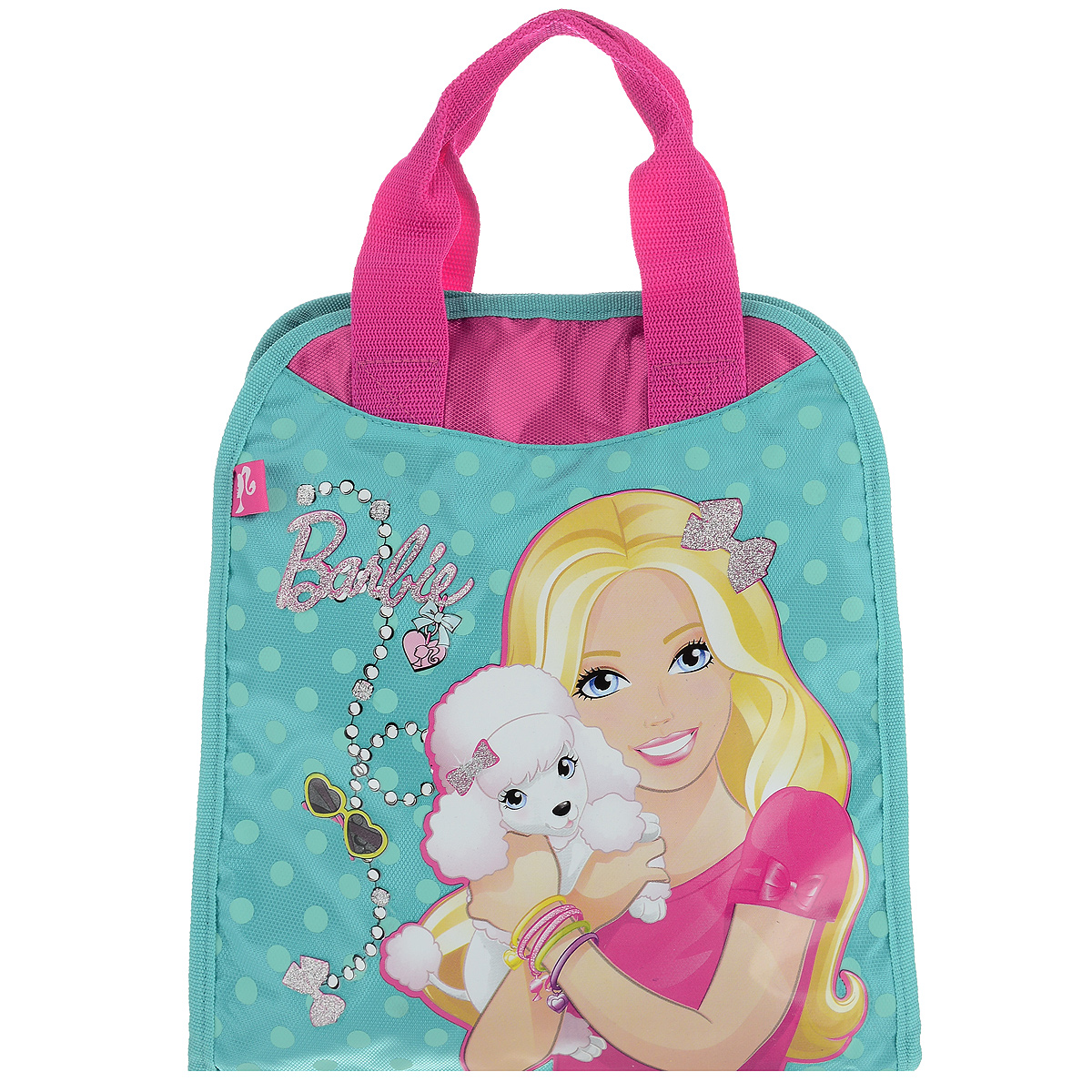 Сумочка детская Barbie, цвет: бирюзовый, розовый. BRAS-UT-1051BRAS-UT-1051 Сумочка детская Barbie, цвет: бирюзовый, розовый. BRAS-UT-1051BRAS-UT-1051Стильная детская сумочка Barbie, оформленная изображением известной игрушки - куклы Барби, несомненно, понравится вашей малышке. Сумочка имеет одно вместительное отделение, закрывающееся на застежку-липучку, куда можно положить все необходимые принадлежности и аксессуары. Внутри отделения имеется накладной карман на молнии. Сумочка оснащена двумя ручками для переноски в руке. Окантовка сумки выполнена из плотной текстильной каймы. Каждая юная поклонница популярной серии игрушек, будет рада такому аксессуару.
