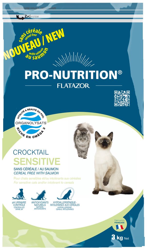 Flatazor Crocktail sensitive беззерновой 3 кг гипоаллергенныйFL8890305 Flatazor Crocktail sensitive беззерновой 3 кг гипоаллергенныйFL8890305Переход с другого корма на Crocktail SENSITIVE Sans Cereale au Saumon следует осуществлять постепенно, последовательно увеличивая часть Crocktail SENSITIVE Sans Cereale au Saumon. Корм можно давать как в сухом, так и в увлажнённом водой виде. Состав: Сухой (дегидратированный) лосось (мин. 12%). Картофельный крахмал. Горох. Сухое (дегидратированное) мясо птицы (курица, утка, индейка). Утиный жир. Животный жир. Семена льна. Сухое (дегидратированное) мясо. Протеины картофеля. Яблочные волокна. Мякоть свеклы. Гидролизированные животные протеины. Рапсовое масло. Рыбные аутолизаты (органолизаты 0.6%). Хлорид аммония. Хлорид калия. Растительные экстракты. Толокнянка. Вереск. Метионин. Клюква. Мелколепестник канадский. Фруктоолигосахариды. Юкка. Экстракт розмарина. Таурин. Антиоксиданты. Витаминные и минеральные добавки. Рекомендации: для всех пород с чувствительным пищеварением Вес животного, кг: 2-6 Минеральные вещества: Сырой протеин 32 %. Сырой жир 20 %. Сырая клетчатка 2...