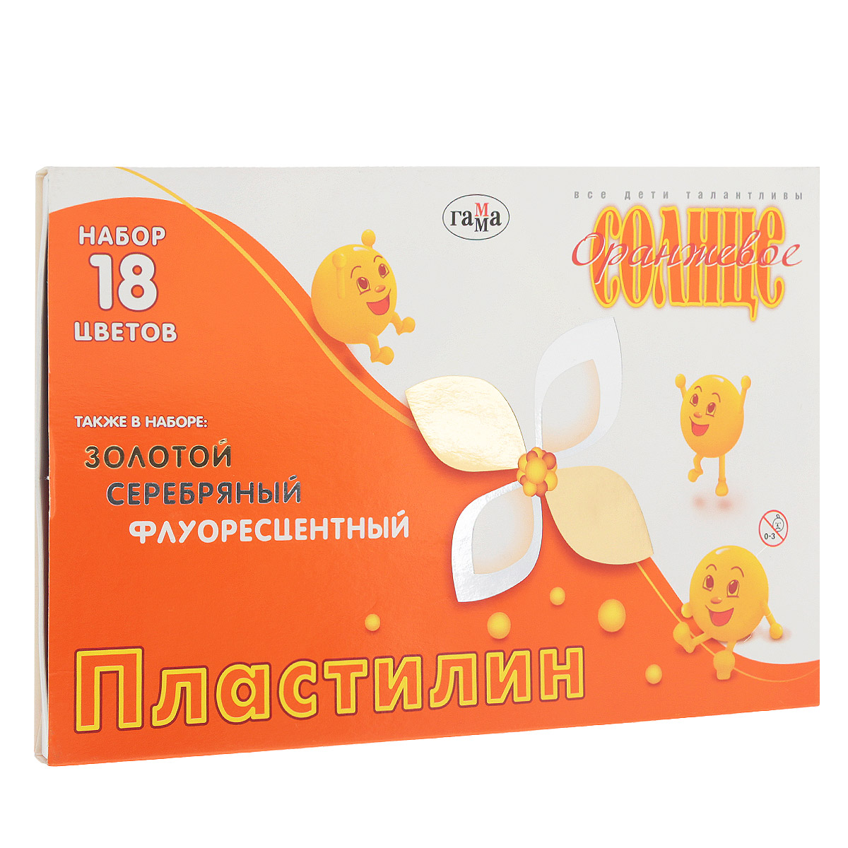 Пластилин Гамма Оранжевое солнце, 18 цветов280040 Пластилин Гамма Оранжевое солнце, 18 цветов280040Пластилин Гамма Оранжевое солнце предназначен для лепки и моделирования. Лепка из пластилина способствует развитию мелкой моторики рук и пространственного мышления, кроме того, это увлекательный досуг. Пластилин изготовлен из высококачественных компонентов, благодаря которым он не окрашивает руки, не прилипает к пальцам, хорошо держит форму, легко смешивается, не рвется, в процессе согревания мягко растягивается. С помощью стека, вложенного в коробку, ребенок может наносить орнамент на свои изделия, что позитивно влияет на творческое мышление. Длина стека 13 см. В набор входят: 6 брусочков цветного пластилина (белый, желтый, красный, зеленый, красно-коричневый, черный), 6 брусочков перламутрового (серебряный, золотой, коралловый, салатовый, голубой, сиреневый) и 6 брусочков флуоресцентного воскового пластилина (лимонный, оранжевый, красный, светло-зеленый, синий, темно-синий). Общая масса пластилина: 220 г.