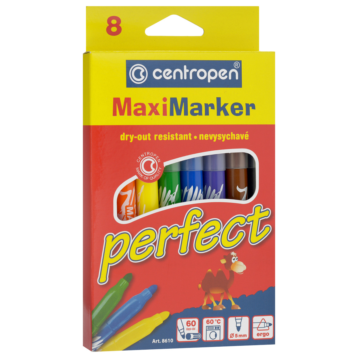 Фломастеры Centropen Perfect, устойчивые к высыханию, 8 цветов610842 Фломастеры Centropen Perfect, устойчивые к высыханию, 8 цветов610842Фломастеры Centropen Perfect - идеальный инструмент для творчества маленького художника!Корпусы фломастеров выполнены из прочного пластика соответствующих цветов.Фломастеры имеют яркие насыщенными цветами и легко ложатся на бумагу. Вентилируемые колпачки фломастеров снабжены специальными отверстиями. Фломастеры устойчивы к высыханию, а корпус увеличенного размера обеспечит удобство при рисовании. Всего в наборе 8 фломастеров желтого, оранжевого, синего, зеленого, красного, фиолетового и черного цветов. Рисование знакомит ребенка с цветами и формами, и положительно влияет на настроение детей. Кроме того, оно развивает мелкую моторику, воображение и творческое мышление.