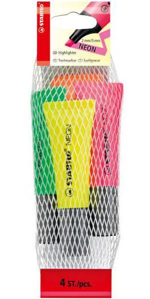 Текстовыделитель STABILO NEON 4шт в сетке-блистере, цвет: желтый, зеленый, оранжевый, розовый.72/4-1 Текстовыделитель STABILO NEON 4шт в сетке-блистере, цвет: желтый, зеленый, оранжевый, розовый.72/4-1Единственный текстовыделитель, выполненный в форме тюбика. Высокое качество, оригинальный дизайн, отличные функциональные характеристики. Текстовыделитель четыре часа сохраняет работоспособность без колпачка и отличается особой яркостью и флуоресцентностью цвета. Чернила на водной основе мгновенно высыхают на бумаге, не пропитывая ее и не смазывая текст, не имеют запаха. Прочный износостойкий наконечник обеспечивает постоянство толщины линии на протяжении всего срока службы. Толщина линии 2-5 мм.