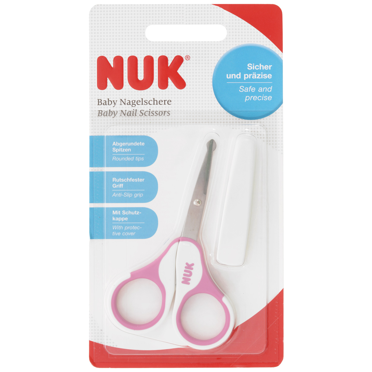 NUK Детские ножницы, цвет: розовый, белый, длина 10 см10256257_розовый NUK Детские ножницы, цвет: розовый, белый, длина 10 см10256257_розовыйДетские ножницы Nuk изготовлены из высококачественной нержавеющей стали. Ручки выполнены из прочного цветного пластика. Легкие и удобные, ножницы безопасны в использовании, кончики режущих кромок закруглены. Предназначены для бережного ухода за ногтями малыша. В наборе - защитный колпачок для хранения. Длина ножниц: 10 см. Длина лезвия: 2,7 см.