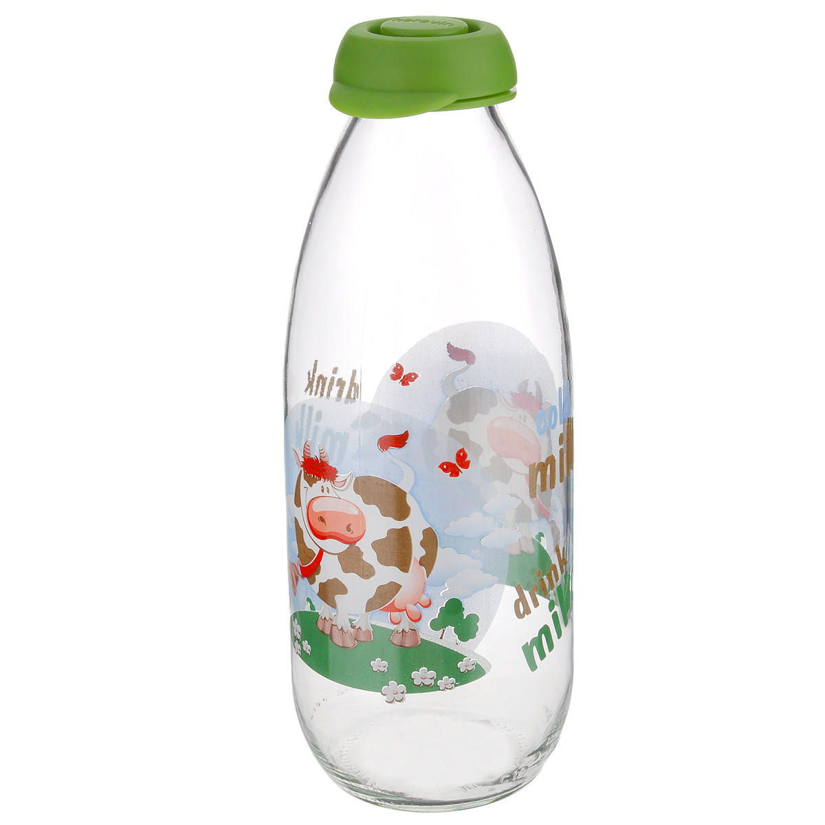 Бутылка для молока Herevin, цвет: прозрачный, зеленый, 1 л. 111708-000111708-000 зеленый Бутылка для молока Herevin, цвет: прозрачный, зеленый, 1 л. 111708-000111708-000 зеленыйБутылка Herevin, выполненная из стекла, позволит украсить любую кухню, внеся разнообразие, как в строгий классический стиль, так и в современный кухонный интерьер. Она легка в использовании и оснащена пластиковой откидной крышкой. Благодаря этому внутри сохраняется герметичность, и молоко дольше остается свежим. Стенки бутылки украшены изображением забавной коровы. Оригинальная бутылка для молока будет отлично смотреться на вашей кухне. Диаметр (по верхнему краю): 4 см. Диаметр основания: 7 см. Высота: 23 см.