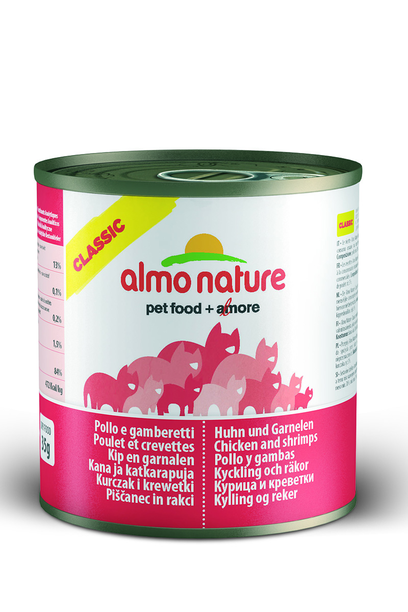 Консервы для кошек Almo Natureс Classic, с курицей и креветками, 280 г0120710 Консервы для кошек Almo Natureс Classic, с курицей и креветками, 280 г0120710Консервы Almo Nature Classic - сбалансированный влажный корм для кошек, изготовленный из ингредиентов высшего качества, являющихся натуральными источниками витаминов и питательных веществ. Состав: курица 38%, креветки 12%, бульон, рис 3%. Пищевая ценность: белки 13%, клетчатка 0,1%, масла и жиры 0,2%, зола 1,5%, влажность 84%. Калорийность: 472 ккал/кг.Товар сертифицирован.