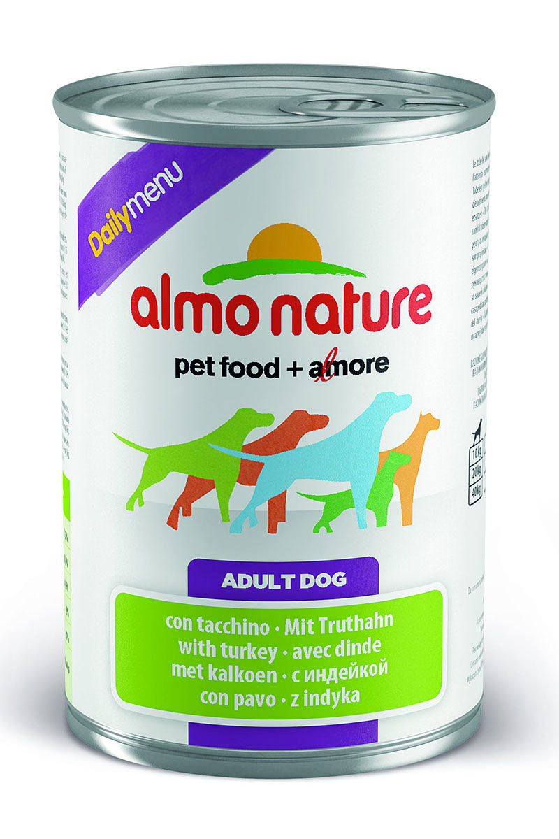 Консервы для собак Almo Nature Daily Menu, с индейкой, 400 г0120710 Консервы для собак Almo Nature Daily Menu, с индейкой, 400 г0120710Консервы Almo Nature Daily Menu - сбалансированный влажный корм для собак, изготовленный из ингредиентов высшего качества, являющихся натуральными источниками витаминов и питательных веществ. Состав: мясо и его производные (индейка 4%), злаки, яйца и яичные продукты, минеральные вещества. Пищевые добавки: витамин А 1570 МE/кг, витамин D3 195 МE/кг, витамин Е 15 мг/кг, сульфат меди пентагидрат 7.6 мг/кг (CU1,9 мг/кг), камедь кассии 3000 мг/кг.Гарантированные анализ: белки - 7,5%, клетчатка - 0,5%, жиры - 4,5%, зола - 2%, влага - 81%.Калорийность - 1100 ккал/кг.Товар сертифицирован.