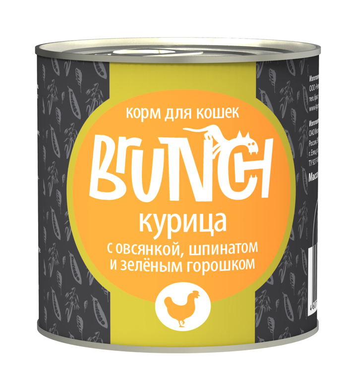 Консервы для кошек Brunch Курица с овсянкой, шпинатом и зеленым горошком, 240 г0120710 Консервы для кошек Brunch Курица с овсянкой, шпинатом и зеленым горошком, 240 г0120710Консервы Brunch для кошек — полноценные мясорастительные корма из натуральных ингредиентов. Помимо мяса и субпродуктов, продукт содержит крупы (каши) и овощи. Рецептура является уникальной разработкой компании. Пропорции определены в соответствии с научными исследованиями, отвечают потребностям домашних животных в питательных веществах. Корм максимально приближен к полному рациону.Состав: Мясо куриное, сердце, печень, овсяные хлопья, шпинат, зеленый горошек, морковь, масло растительное, желирующая добавка, йодированная соль, таурин, морские водоросли, рыбий жир, пивные дрожжи, тимьян, юкка шидигера, ферментированный рис.Вес: 240 г.