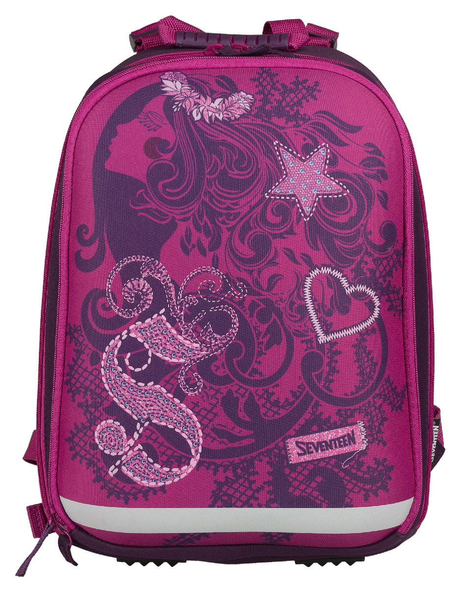 Ранец школьный Kinderline Seventeen Kids, с наполнением, цвет: розовый, фиолетовыйBRCB-UT4-541 Ранец школьный Kinderline Seventeen Kids, с наполнением, цвет: розовый, фиолетовыйBRCB-UT4-541Ранец школьный Kinderline Seventeen Kids выполнен из современного легкого и прочного материала розового цвета с яркими аппликациями. Ранец содержит два вместительных отделения, закрывающихся на застежки-молнии с двумя бегунками. Внутри одного из них находится фиксатор для тетрадей и учебников с хлястиком на липучке и большой открытый карман. Внутри второго - два открытых накладных кармашка и один карман-сетка. Ортопедическая спинка, созданная по специальной технологии из дышащего материала, равномерно распределяет нагрузку на плечевые суставы и спину. Удлиненные держатели облегчают фиксацию длины ремней с мягкими подкладками. Ранец оснащен удобной ручкой для переноски и двумя широкими лямками, регулируемой длины. Дно ранца дополнено пластиковыми ножками. Многофункциональный школьный ранец станет незаменимым спутником вашего ребенка в походах за знаниями. В комплекте с ранцем имеется: Пенал мягкий с одним отделением на змейке. Размер: 21 х 7 х 7. Сумка для сменной обуви с одним вместительным отделением, затягивающимся с помощью текстильного шнурка. Размер: 40 х 32.