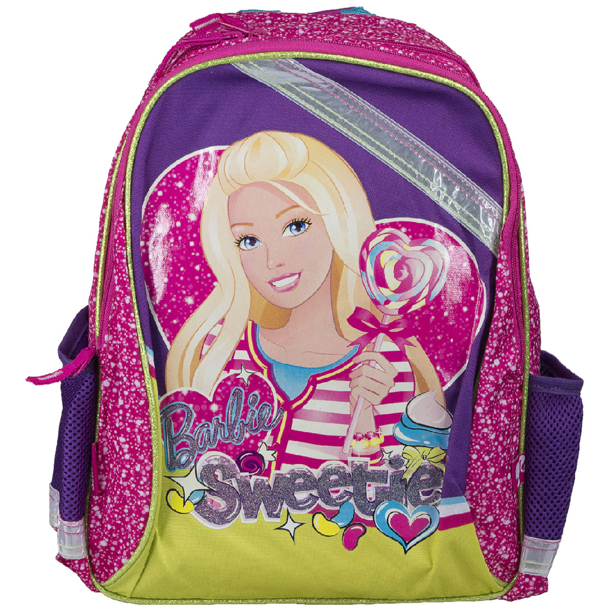 Рюкзак школьный Barbie Sweetie, цвет: розовый, фиолетовый. BRCB-MT1-977BRCB-MT1-977 Рюкзак школьный Barbie Sweetie, цвет: розовый, фиолетовый. BRCB-MT1-977BRCB-MT1-977Рюкзак школьный Barbie Sweetie обязательно понравится вашей школьнице. Выполнен из прочных и высококачественных материалов, дополнен изображением очаровательной Барби. Содержит два вместительных отделения, закрывающиеся на застежки-молнии. В большом отделении находится перегородка для тетрадей или учебников. Дно рюкзака можно сделать жестким, разложив специальную панель с пластиковой вставкой, что повышает сохранность содержимого рюкзака и способствует правильному распределению нагрузки. По бокам расположены два накладных кармана-сетка. Конструкция спинки дополнена противоскользящей сеточкой и системой вентиляции для предотвращения запотевания спины ребенка. Мягкие широкие лямки позволяют легко и быстро отрегулировать рюкзак в соответствии с ростом. Рюкзак оснащен эргономичной ручкой для удобной переноски в руке. Светоотражающие элементы обеспечивают безопасность в темное время суток. Такой школьный рюкзак станет незаменимым спутником вашего ребенка в походах...