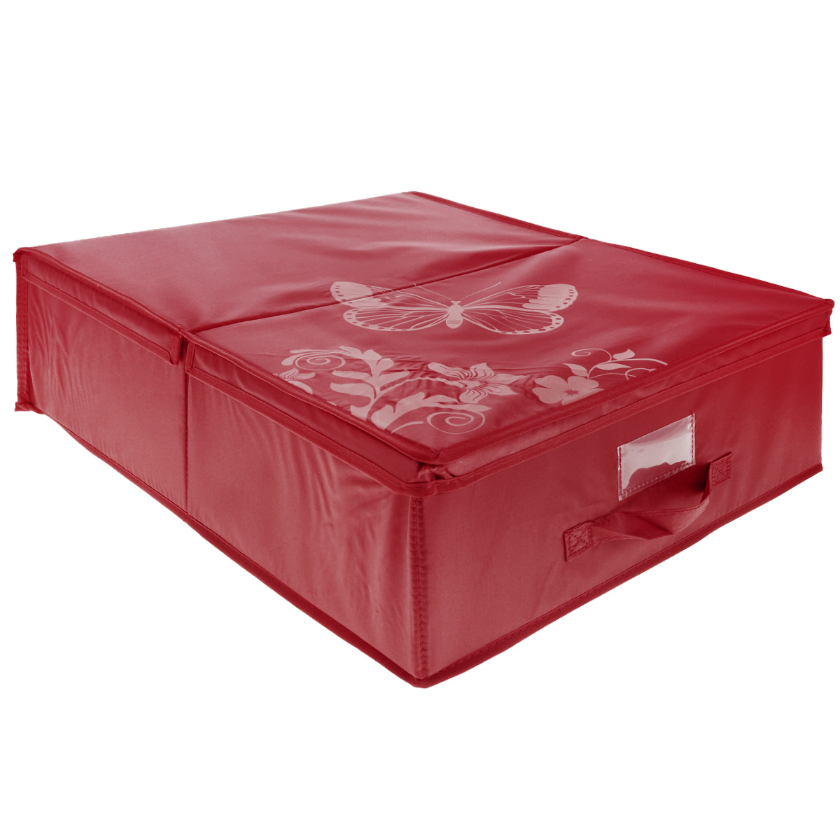 Кофр подкроватный Hausmann Butterfly, цвет: красный, 43 см х 54 см х 18 см4P-103-4С Кофр подкроватный Hausmann Butterfly, цвет: красный, 43 см х 54 см х 18 см4P-103-4СПодкроватный кофр для хранения Hausmann Butterfly поможет легко организовать пространство в шкафу или в гардеробе, компактные формы позволяют хранить его под кроватью. Изделие выполнено из нетканого материала и полиэстера с защитой от пыли. Кофр держит форму благодаря жесткой вставке из картона, которая устанавливается на дно. Боковая поверхность оформлена красивым принтом и изображением бабочки. Имеется ручка, крышка и прозрачный карман для пометки содержимого. В таком кофре удобно хранить одежду, текстиль и различные аксессуары.
