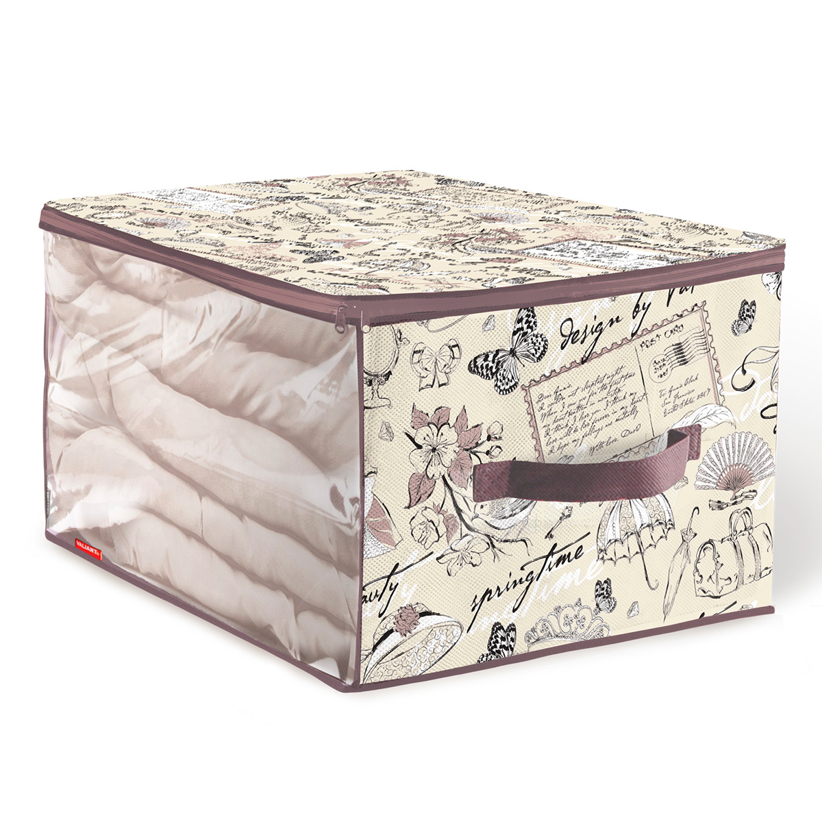 Кофр для хранения Valiant Romantic, 60 х 50 х 35 смRM-CB-M Кофр для хранения Valiant Romantic, 60 х 50 х 35 смRM-CB-MКофр для хранения Valiant Romantic изготовлен из высококачественного нетканого материала (спанбонда), который обеспечивает естественную вентиляцию, позволяя воздуху проникать внутрь, но не пропускает пыль. Кофр снабжен прозрачным окошком из ПВХ, что позволяет легко просматривать содержимое. Закрывается на застежку-молнию. В таком кофре удобно хранить одежду, белье и мелкие аксессуары, а также постельные принадлежности. Сбоку имеется ручка. Система хранения Romantic создаст трогательную атмосферу романтического настроения в женском гардеробе. Оригинальный дизайн придется по вкусу ценительницам эстетичного хранения. Системы хранения в едином дизайне сделают вашу гардеробную изысканной и невероятно стильной.