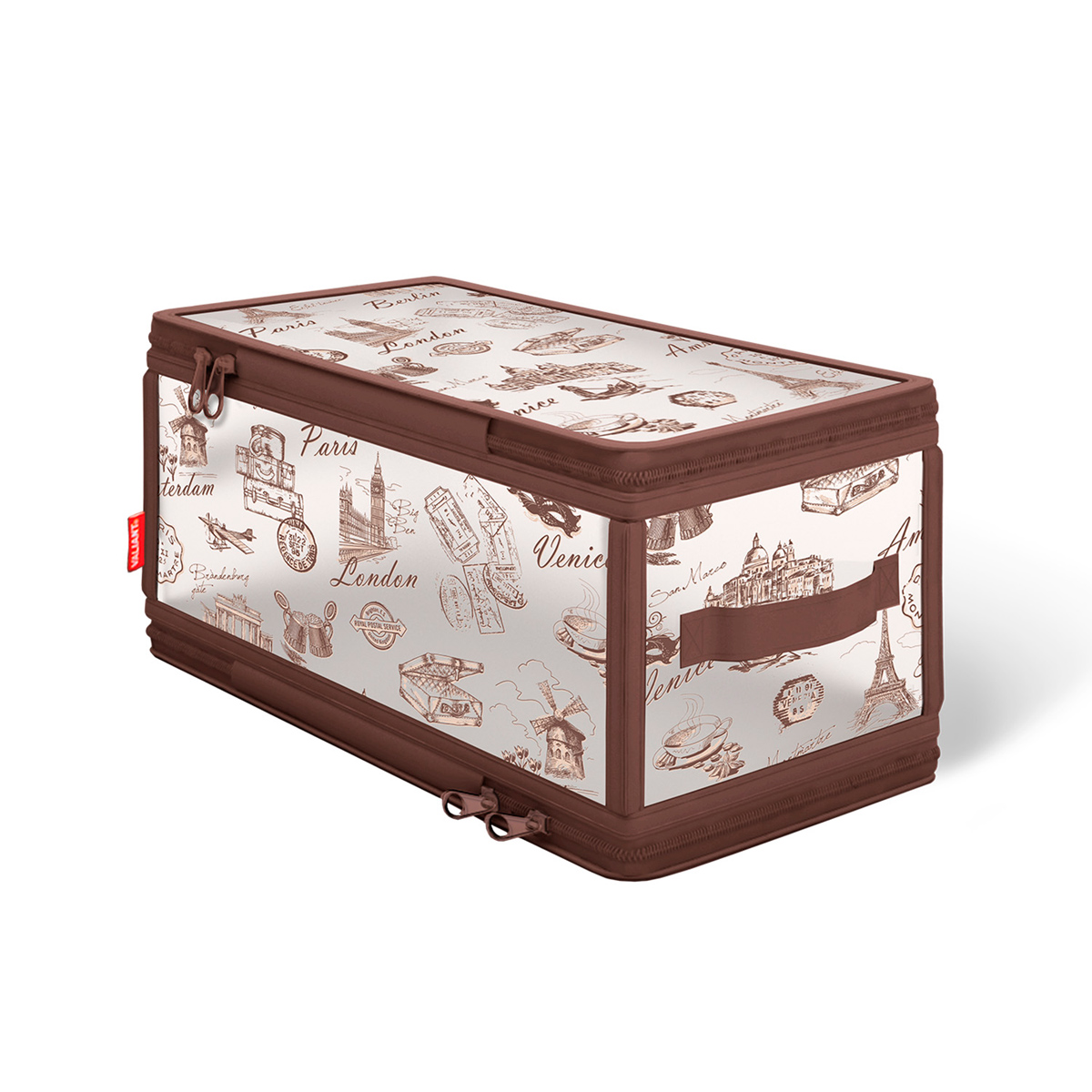 Кофр для хранения Valiant Travelling, с застежкой-молнией, 30 см х 15 см х 15 смTR-ZIP-S Кофр для хранения Valiant Travelling, с застежкой-молнией, 30 см х 15 см х 15 смTR-ZIP-SКофр для хранения Valiant Travelling изготовлен из высококачественного полимерного материала и спанбонда. Кофр удобен в использовании: чтобы его сложить, достаточно застегнуть молнию. В сложенном виде занимает минимум места. В таком кофре удобно хранить белье и мелкие аксессуары. Сбоку имеется ручка. Оригинальный дизайн погружает в атмосферу путешествий по разным городам и странам. Системы хранения в едином дизайне сделают вашу гардеробную красивой и невероятно стильной.