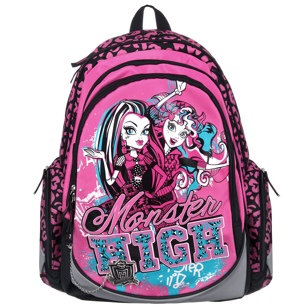 Рюкзак школьный Monster High, цвет: розовый, черный, серый. MHBB-RT2-97672523WD Рюкзак школьный Monster High, цвет: розовый, черный, серый. MHBB-RT2-97672523WDШкольный рюкзак Monster High обязательно понравится вашей школьнице. Выполнен из современных водонепроницаемых, износостойких материалов и дополнен брендовым брелоком.Содержит два вместительных отделения, закрывающиеся на застежки-молнии. В большом отделении находится мягкий карман с хлястиком на липучке для различных гаджетов. Лицевая сторона оснащена накладным карманом на молнии, внутри которого имеются три открытых кармашка, карман на молнии и два отделения для пишущих принадлежностей. По бокам расположены два накладных кармана: на застежке-молнии. Спинка рюкзака дополнена мягкими подушечками для комфортной посадки, а сетчатый материал обеспечивает естественную вентиляцию и впитывание влаги, поэтому ребенку никогда не будет жарко. Лямки регулируются по длине, поэтому ранец легко видоизменяется вместе с ростом ребенка. Рюкзак оснащен текстильной ручкой для удобной переноски в руке. Светоотражающие элементы обеспечивают безопасность в темное время суток.Многофункциональный школьный рюкзак станет незаменимым спутником вашего ребенка в походах за знаниями.Рекомендуемый возраст: от 10 лет.