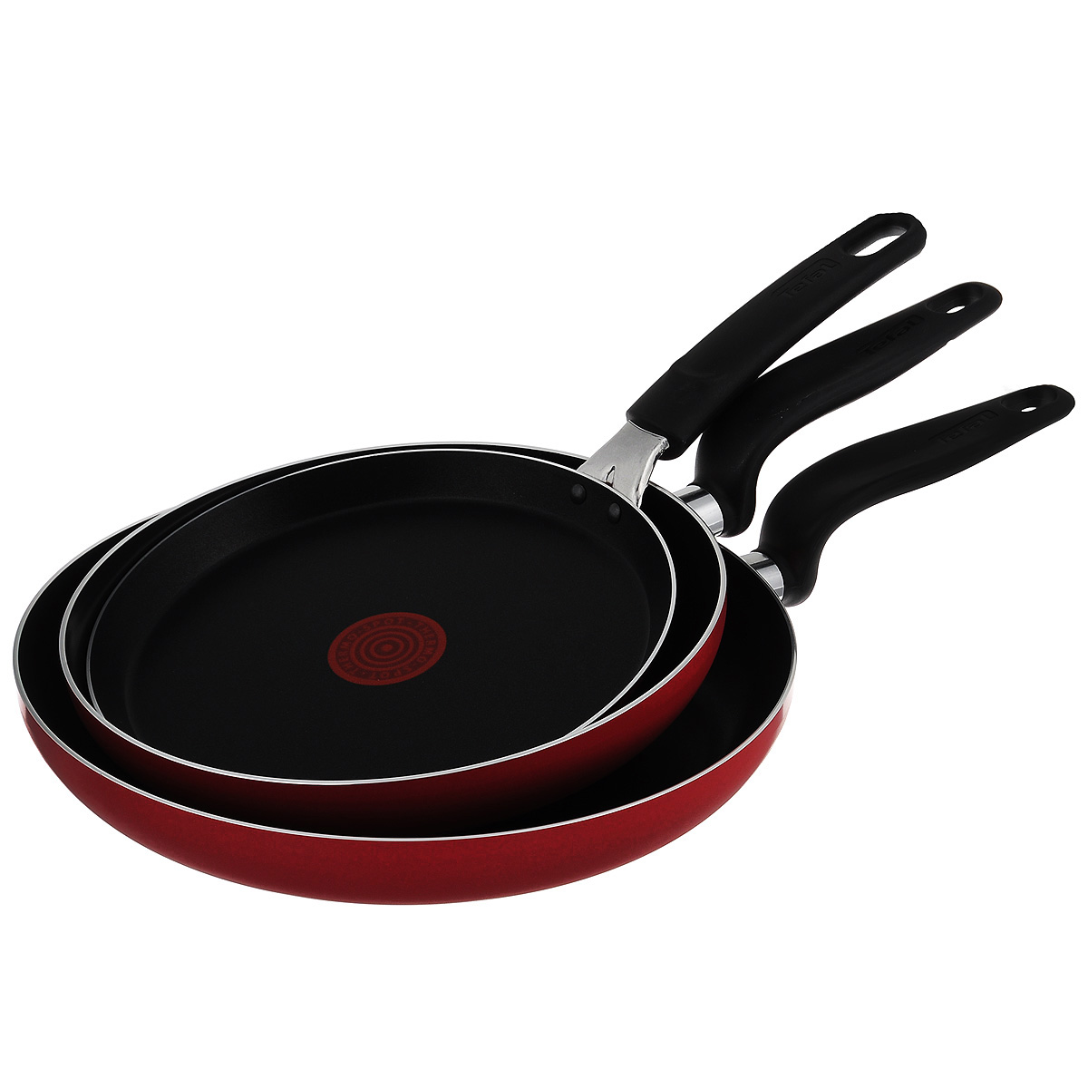 Набор сковородок Tefal Tulip, с антипригарным покрытием, цвет: красный, 3 предмета9100018567/4146820 Набор сковородок Tefal Tulip, с антипригарным покрытием, цвет: красный, 3 предмета9100018567/4146820Набор сковородок Tefal Tulip состоит из 3 сковородок разного диаметра, одна из которых блинная и изготовлен из высококачественного алюминия с безопасным антипригарным покрытием Resist Plus. С таким покрытием пища не пригорает и посуда легко моется. Не содержит PFOA. Уникальный индикатор нагрева Thermo Spot вовремя подскажет когда дно достигло оптимальной для приготовления температуры. Благодаря прочному дну Durabase происходит идеальное и равномерное распределение тепла. Ручки эргономичной формы изготовлены из бакелита. Внешнее покрытие жаростойкое. Сковороды пригодны для газовых плит. Не подходят для индукционных плит. Можно мыть в посудомоечной машине. Диаметр блинной сковороды (по верхнему краю): 22 см. Высота стенки блинной сковороды: 2 см. Длина ручки блинной сковороды: 18 см. Толщина стенки: 3 мм. Толщина дна: 4 мм. Диаметр средней сковороды (по верхнему краю): 24 см. Высота стенки средней сковороды: 4,5 см. ...