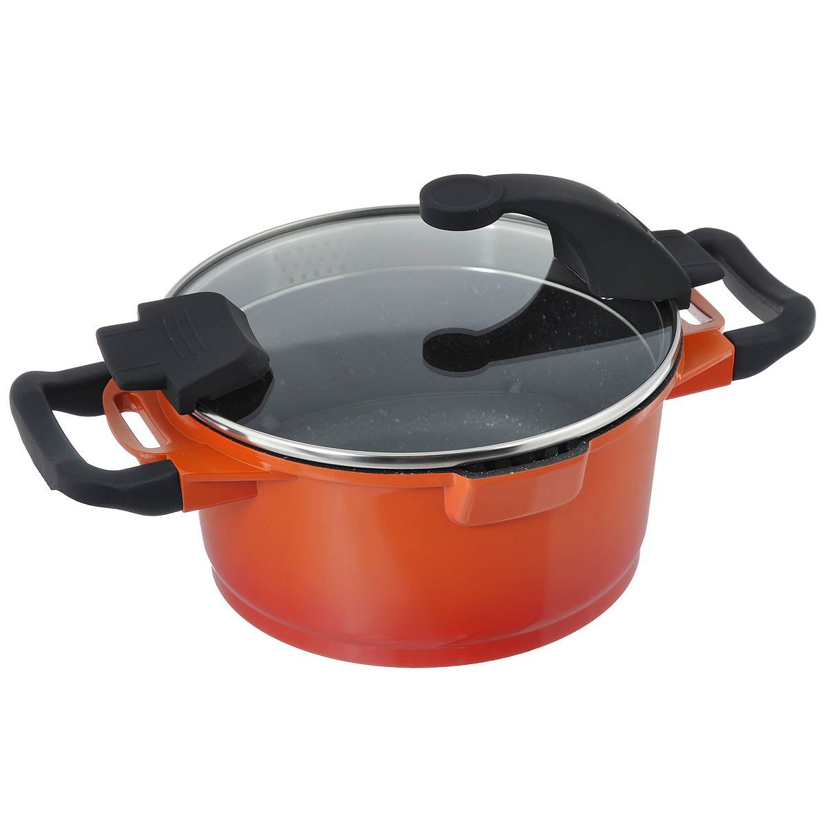 Кастрюля BergHOFF Virgo Orange с крышкой, с антипригарным покрытием, цвет: оранжево-красный, 2,7 л2304901 Кастрюля BergHOFF Virgo Orange с крышкой, с антипригарным покрытием, цвет: оранжево-красный, 2,7 л2304901Кастрюля BergHOFF Virgo изготовлена из литого алюминия, который имеет эффект чугунной посуды. В отличие от чугуна, посуда из алюминия легче по весу и быстро нагревается, что гарантирует сбережение энергии. Внутреннее покрытие - экологически безопасное антипригарное покрытие Ferno Green, которое не содержит ни свинца, ни кадмия. Антипригарные свойства посуды позволяют готовить без жира и подсолнечного масла или с его малым количеством. Ручки выполнены из бакелита с покрытием Soft-touch, они имеют комфортную эргономичную форму и не нагреваются в процессе эксплуатации. Крышка изготовлена из термостойкого стекла, благодаря чему можно наблюдать за ингредиентами в процессе приготовления. Широкий металлический обод со специальными отверстиями разного диаметра позволяет выливать жидкость, не снимая крышку. Подходит для всех типов плит, включая индукционные. Рекомендуется мыть вручную. Диаметр кастрюли (по верхнему краю): 20 см. Ширина кастрюли (с учетом ручек):...
