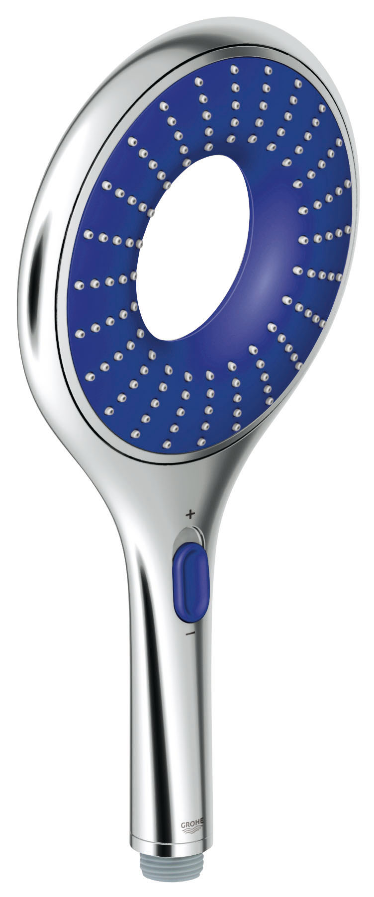 Ручной душ GROHE Rainshower Icon, цвет: хром, синий (27449000)27449000 Ручной душ GROHE Rainshower Icon, цвет: хром, синий (27449000)27449000Rain, SmartRain Эко функция - ограничение расхода воды Металлический угловой адаптер для комбинации ручного душа и душевого шланга GROHE EcoJoy - технология совершенного потока при уменьшенном расходе воды GROHE DreamSpray превосходный поток воды GROHE CoolTouch GROHE StarLight хромированная поверхность С системой SpeedClean против известковых отложений Внутренний охлаждающий канал для продолжительного срока службы Универсальное крепление, подходящее к любому стандартному шлангу Видео по установке является исключительно информационным. Установка должна проводиться профессионалами!