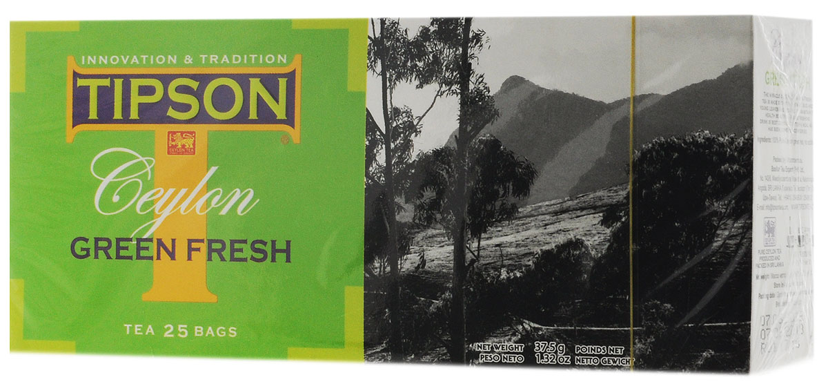 Tipson Green Fresh зеленый чай в пакетиках, 25 шт80014-00 Tipson Green Fresh зеленый чай в пакетиках, 25 шт80014-00Чай зелёный цейлонский байховый мелколистовой Tipson Green Fresh в пакетиках с ярлычками для разовой заварки. Самые нежные и молодые чайные листья использованы в приготовлении Green Fresh, благодаря чему этот освежающий напиток обладает целебными свойствами и гармоничными вкусом.