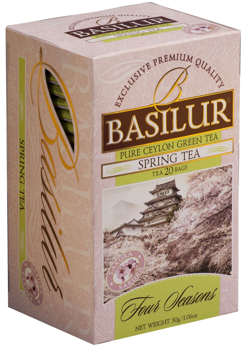 Basilur Spring Tea зеленый чай в пакетиках, 20 шт70392-00 Basilur Spring Tea зеленый чай в пакетиках, 20 шт70392-00Чай зелёный цейлонский байховый мелколистовой Basilur Spring Tea с ароматом вишни в пакетиках с ярлычками для разовой заварки. Нежная красота распускающихся бутонов сакуры, как символ наступающей весны будет всегда поражать ваше воображение, если вы пьёте чай Basilur Spring Tea с ароматом вишни.