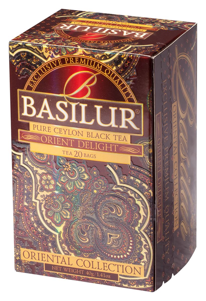 Basilur Orient Delight черный чай в пакетиках, 20 шт70420-00 Basilur Orient Delight черный чай в пакетиках, 20 шт70420-00Чай чёрный цейлонский байховый мелколистовой Basilur Orient Delight с типсами в пакетиках с ярлычками для разовой заварки. Этот цейлонский чай сорта FBOP Extra Special с типсами (чайными почками) - для настоящих ценителей! Вас порадует насыщенный темно-красный настой и великолепный аромат с мягкой медовой нотой. Чайные почки - типсы - являются отличительным признаком высокого качества чая класса премиум. Два аккуратно скрученных листка и почка при заваривании создают неповторимый медовый аромат и тонкий нежный вкус чая, выращенного на горных склонах острова Цейлон.