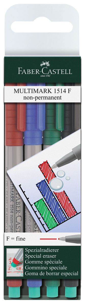 Faber-Castell Капиллярная ручка Multimark F для письма на пленке 4 цвета72523WD Faber-Castell Капиллярная ручка Multimark F для письма на пленке 4 цвета72523WDКапиллярная ручка Multimark предназначена для письма на CD, DVD дисках, пленках для проекторов и других гладких поверхностях. Ручка с обратной стороны содержит специальный ластик для стирания чернил. Чернила быстросохнущие, с яркими цветами, корпус изготовлен из прочного пластика. В наборе 4 цвета: черный, красный, синий, зеленый.