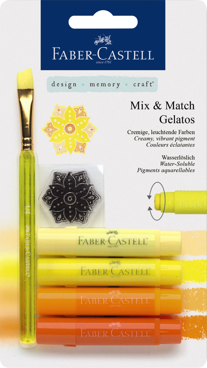 Faber-Castell Восковые мелки Gelatos цвет желтый 4 шт121801 Faber-Castell Восковые мелки Gelatos цвет желтый 4 шт121801Новый уникальный продукт Gelatos от Faber-Castell не имеет аналогов на рынке. Он не содержит вредных веществ, очень гладко наносится на поверхность, имеет яркие и насыщенные цвета, которые легко смешиваются. Gelatos легко наносится на бумагу, холст или дерево и великолепно сочетается с другими арт-продуктами Faber-Castell. Этот продукт идеально подходит как для начинающих, так и для опытных художников. В набор также входят штамп и кисточка.