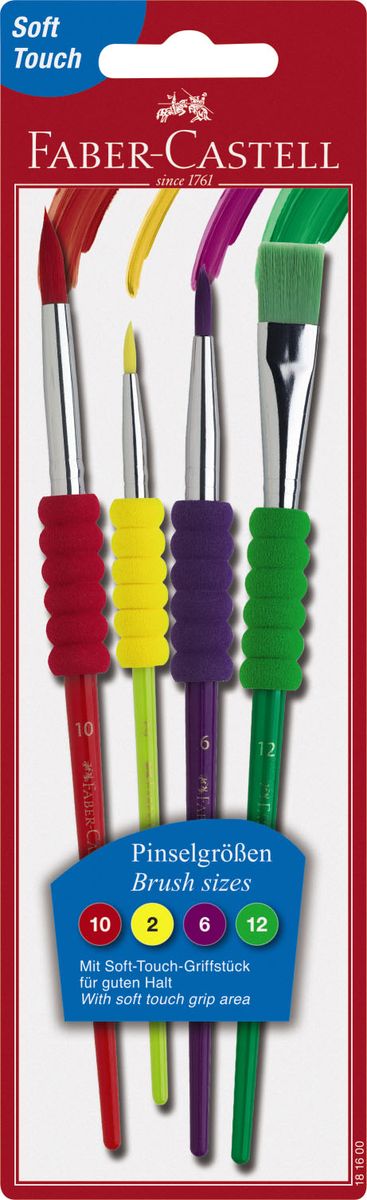 Faber-Castell Набор кисточек с мягкой манжеткой 4 штPP-220 Faber-Castell Набор кисточек с мягкой манжеткой 4 штPP-220Кисточка для рисования Faber-Castell имеет пластиковую ручку и ворс из полиэстера. Благодаря мягкой манжете кисточка удобно сидит в руке и не скользит. Синтетическая быстросохнущая щетина хорошо подходит для учебных занятий и развлечения.Толщина ворса: 2 мм, 6 мм, 10 мм, 12 мм.